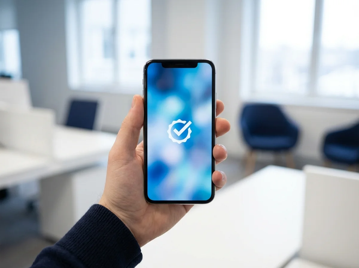 Smartphone με εικονίδιο επαλήθευσης, σύμβολο διαδικασίας εγγραφής και KYC